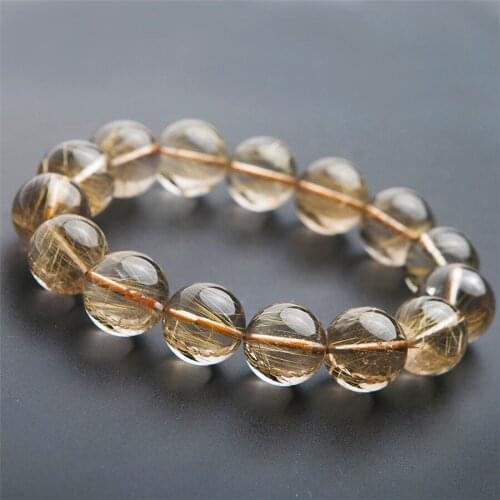 Natural Titanium Rutilated Quartz Bracelet 15mm Big Clear Round Bead Gold Crystal Stretch Bracelets For Woman Men