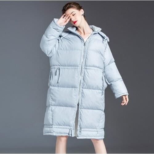 Winter new style knee-length slim large size coat womens clothes coats H-shaped hooded thick mid-length down jacket women blue