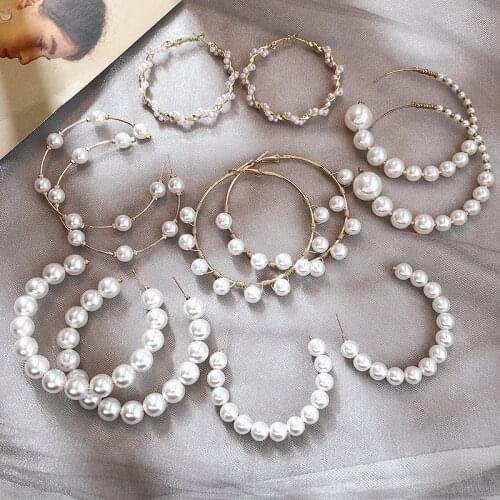 Korean White Imitation Pearl Circle Hoop Earrings For Women Round Faux Pearl Big Statement Earings Boho Wedding Jewelry