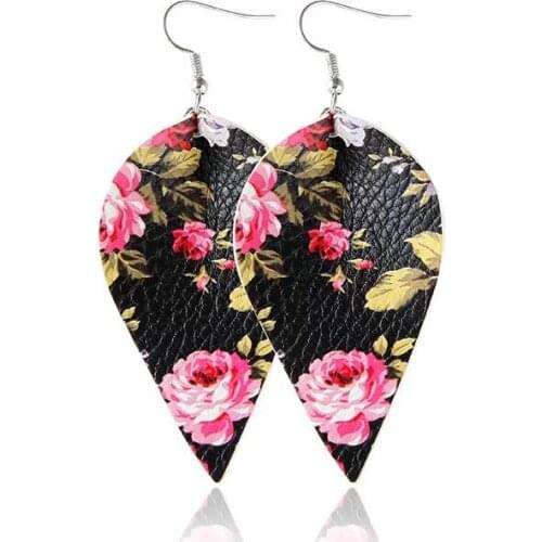 Boho PU Leather Teardrop Dangle Flowers Earrings Fashion Ethnic Jewelry Gifts For Women Water Drop Leather Leaf Earring