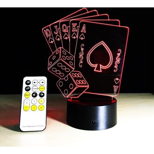 Casino Poker Cards Dice Light 3D illusion Nightlight Table Desk Bedroom Bedside Lamp Decoration 5V USB Color Change with Remote