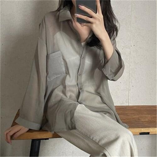 Loose See Through Thin Blouses Women Korean Chic Chiffon Sun Protection Blouse Tops Blusas De Moda 2021 Summer Shirts