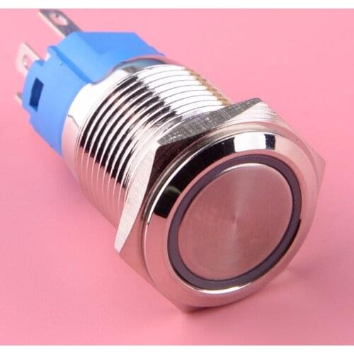 Universal 12V 16mm Car Engine Start Push Button Switch Ignition Starter Latching Red LED Ring 5 Pin Self-Locking IP67 Silver