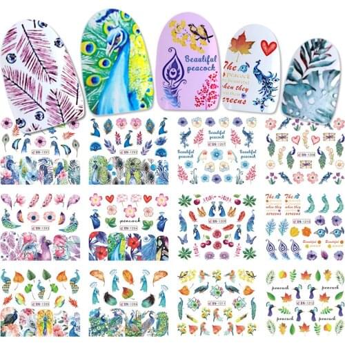Nail Watermark Sticker Summer Water Colored Peacock Feather Leaf Nail Water Sticker Twelve in One Sticker
