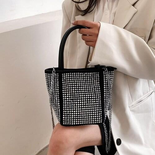 High Quality Korean Fashion Rhinestone Ladies Handbag 2021 Summer New Net Red Diamond Chain Shoulder Messenger Bucket Bag