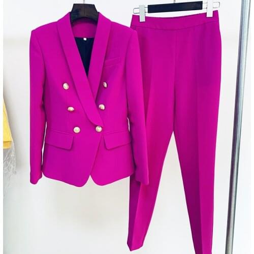 HIGH QUALITY Newest 2021 Designer Suit Set Womens Career Slim Fit Double Breasted Lion Buttons Shawl Collar Blazer Pants Suit