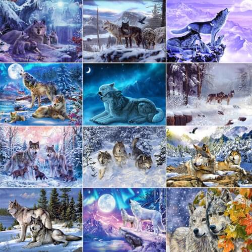 XUEQIXIAOZU Diamond Painting Animal Cross Stitch Diamond Embroidery Wolf Full Round Display Diamond Mosaic Kit Winter Scenery