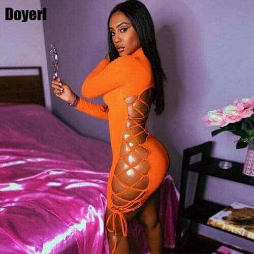 Back Hollow Out Sexy Short Party Dress Women Autumn Long Sleeve Lace Up Tight Open Back Bodycon Dress Night Club Bandage Dress