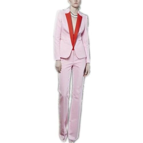 Costom Made Women Business Suits With Pants Pink Slim Fit Formal Office Uniform Style Ladies Trouser Suit Red Lapel 2 Piece Sets