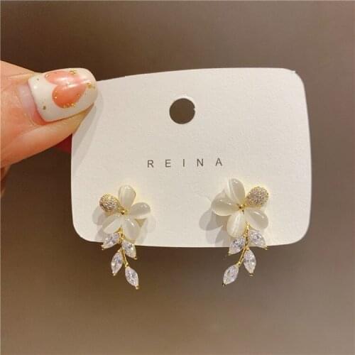 New Design 14K Gold Plated Plated Opal Flower Stud Earrings For Women Luxury Jewelry Zircon Leaves Earrings