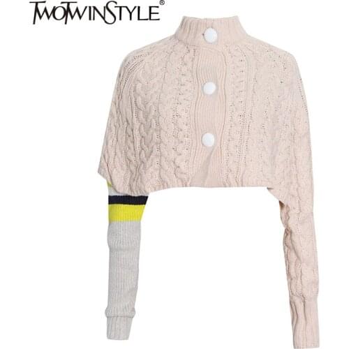 TWOTWINSTYLE Knitting Two Piece Set For Women Loose Stand Collar Detachable Shouder Sweater With One Sleeve Casual Sets Female