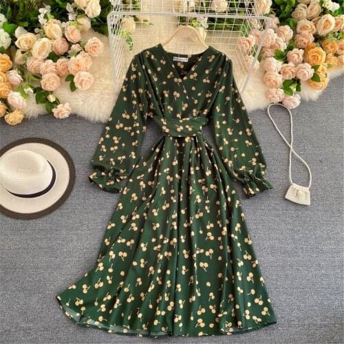 Women Fashion Autumn Dress V Neck Long Sleeve Bandage Midi Dresses Elegant Female Robe Printed Vestidos Woman Clothing 2021