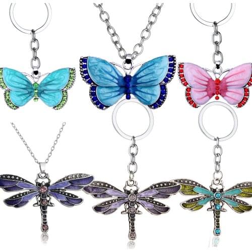 Charm Butterfly & Dragonfly Crystal Pendant Necklace Keychain Key Chain Charm Chain Necklace For Women Jewelry