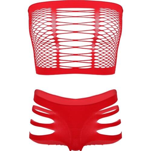 Womens Fishnet Sexy Underwear Set Erotic Lingerie Suit Hollow Out Sleeveless Crop Top Strappy Thong Underpants Briefs Sleepwear
