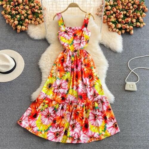 Aibeautyer New Summer A Line Square Collar Spagheti Strap Lady Dress Slim Floral Print Chiffon Pullover Women Dresses