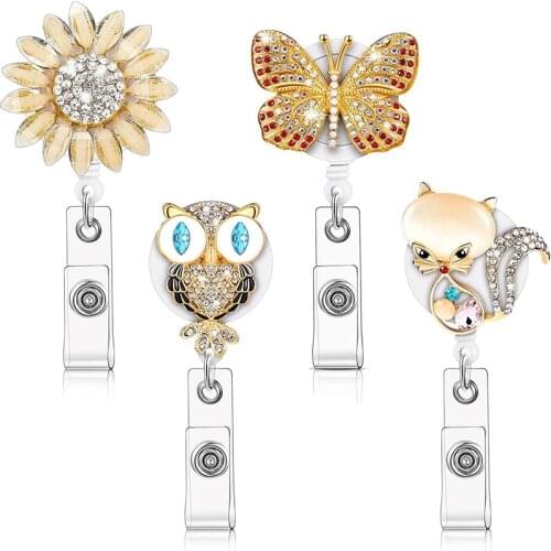 4 Pcs Rhinestone Retractable Badge Reel ID Badge Reel Clip for Nurse Teacher (Owl, Cat, Butterfly, Sunflower)