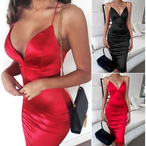 Satin Dress Summer Sexy V Neck Spaghetti Strap Club Wear Silk Party Dress