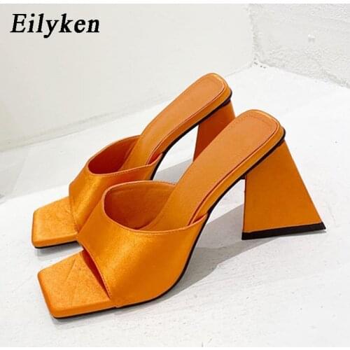 Eilyken 2021 New Fashion Orange Green High Heels Slippers For Women Square-head thick high-heeled Party Sandals Slides Shoes