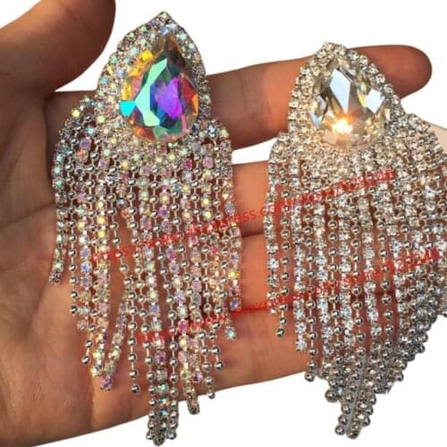 2pcs/lot delicate tear-drop crystal rhinestone with tassels AB glass crystal brooch garment shoulder decorative stones sew-on