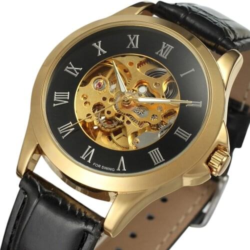 Forsining Brand Classic Retro Design Skeleton Golden Roman Number Brown Genuine Leather Men Mechanical Luxury Automatic Watches