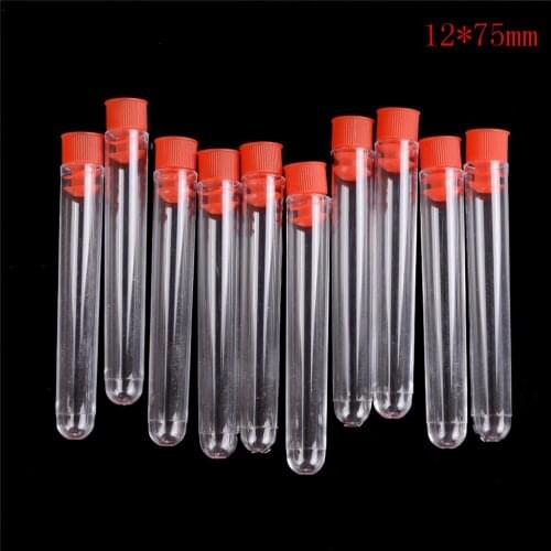 12*75mm Transparent Plastic Laboratory Test Tubes With Lids Vial Sample Containers 10Pcs