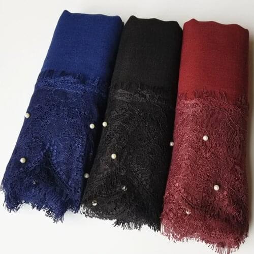 Muslim Lace scarf hijab woman plain shawl wrap white lace foulard femme islamic cotton headscarf arab pearls head wrap scarves