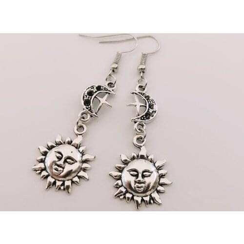 2020 New celestial Sun Moon and Star Dangly Silver Plated Earrings, sun earrings, gifts for girls