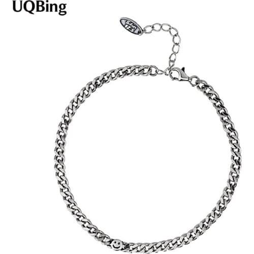 New Trendy Punk Style 925 Sterling Silver Smiley Link Chain Bracelets For Women Birthday Gifts