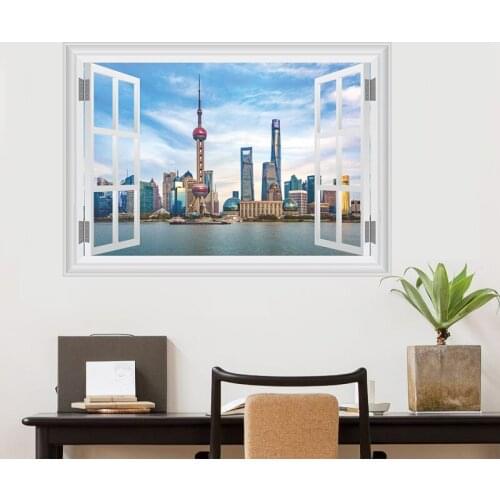 Window Shanghai Bund scenery 3d vivid Wall Sticker Decal Home Decor Living Room Bedroom Mural Wall Decals Wall Art Poster