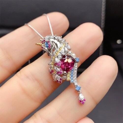 Natural Garnet Pendant, S925 Sterling Silver Necklace, Exquisite Hippocampus Style Necklace,Water Drop Fuchsia Gemstone Jewelry