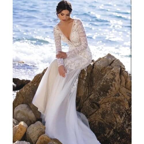 Beach Dress Fishtail Skirt 2021 Long Sleeve Backless Sexy Lace Applique Train Trailing Bridal Gown Vestidos De Noiva