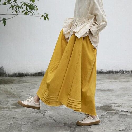 QPFJQD Ladies Spring Autumn Ramie Cotton Elastic Waist Skirts Solid Color Women A-line Yellow Loose Skirt Plus Size