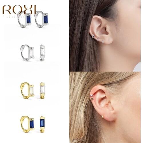 ROXI Colorful Rectangle Zircon Crystal Hoop Earrings for Women Ins 925 Sterling Silver Small Huggie Earring Pendientes Plata 925