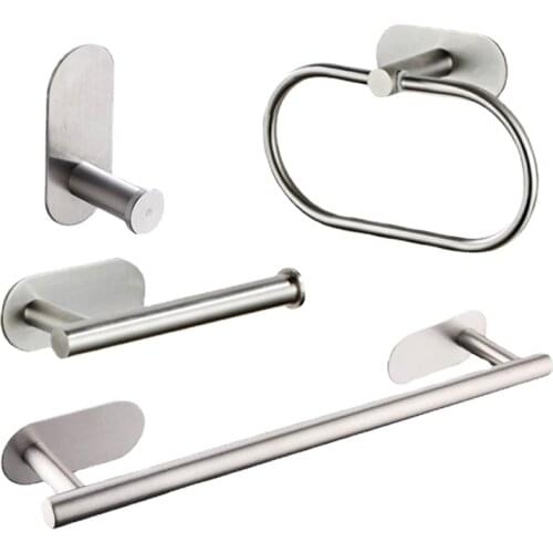 Stainless Steel Silver Bathroom Hardware Set Towel Rack Toilet Paper Holder Towel Bar Hook Bathroom Accessories Don't Drilling