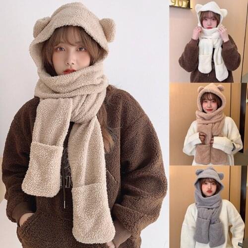 Bear Ears Hat Scarf Glove One Piece Set Winter Cute Hats for Women Outdoor Warm Thicken Cashmere Beanies Girls Wool Fur Cap