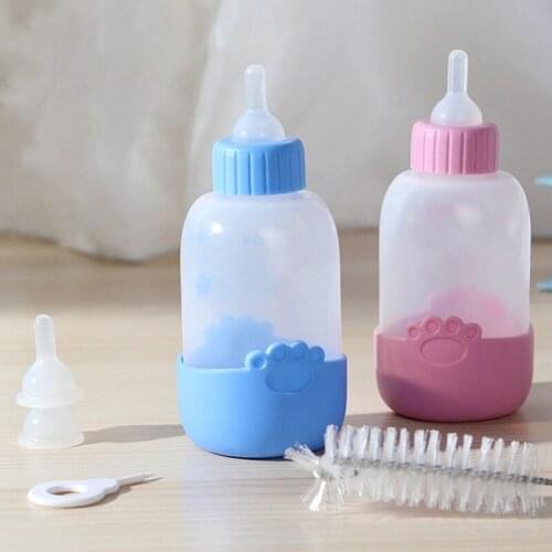 4 Colors Pet Puppy Kitten Silicone Nipple Feeder Dog Cat Feeding Bottle Baby Nursing Water Milk Feeder with Cleaning Brush