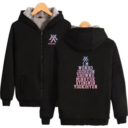 LUCKYFRIDAYF 2018 MONSTA X Hoodies sweatshirts Winter Thick Hooded Jacket Coat Zipper Kpop Korean Harajuku Hip Hop clothes