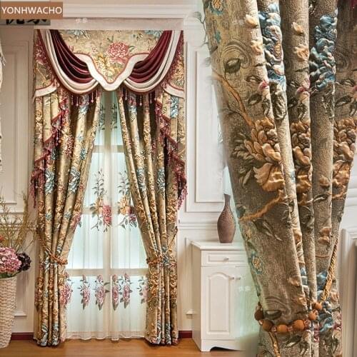 Custom curtain luxury American High-precision 4D embossed jacquard coffee cloth blackout curtain valance tulle panel C682