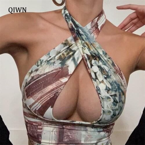 Fashion Vintage Print Criss Cross Halter Crop Tops for Women Outfits Elegant Backless Y2K Top Cropped Streetwear