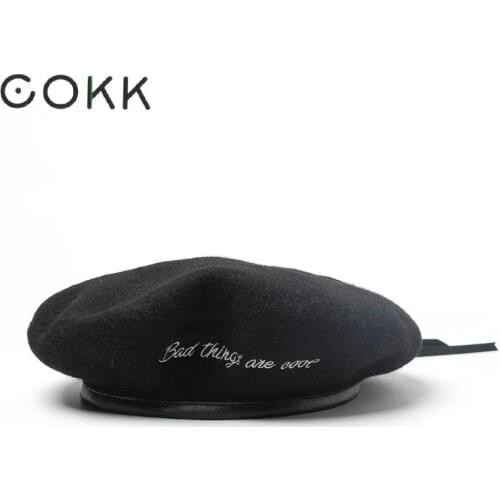 COKK Womens Hats Autumn Winter Wool Beret Embroidered Letter Leather Brim Beret Cap Hat Female Bones Femininos Boina Gorras New