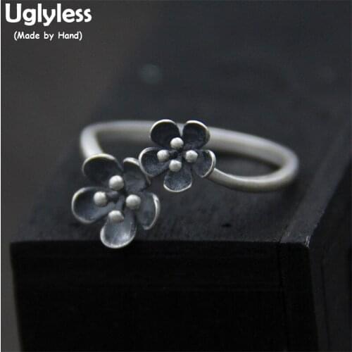 Uglyless Real S925 Sterling Silver Bijoux Handmade Carved Double Flowers Finger Rings for Women Romantic Ethnic Floral Open Ring