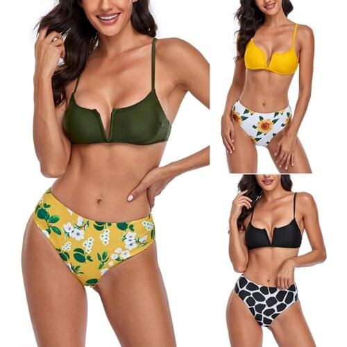 Womens Fashion Sexy V-Neck Printed Retro Bikini 2 Piece Swimsuit Set