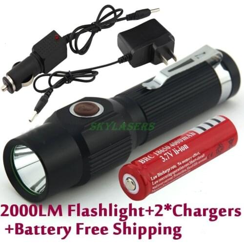 2000LM 3-Modes Mini LED Flashlight Torch With Clip + 18650 Rechargeable Battery + Car Charger + AC Charger