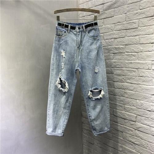 2021 spring summer women ripped holes loose casual jeans plus size high waist ankle length denim Harem pants 3XL 4XL 5XL A415