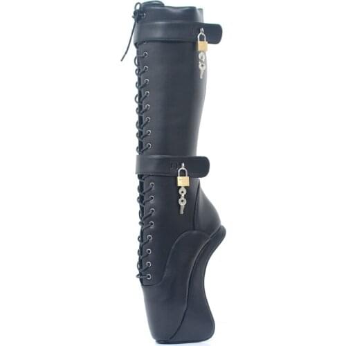 Ballet Boots Women 18cm Ultra High Hoof Heels Lace Cross-Tied Lockable Padlocks Fetish Sexy Knee-High Boots