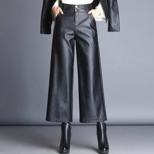 Winter Fall Fashion Woman High Waisted Wide Leg Loose Black Pu Leather Pants , Autumn Spring Female Women 4xl Casual Trousers
