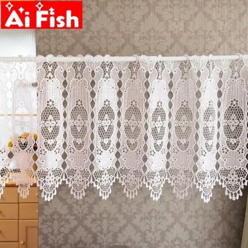 European White Flower Hollow Tassels Classic British Lace Half Short Curtains Free Perforated Partitions Translucent Gauze #35