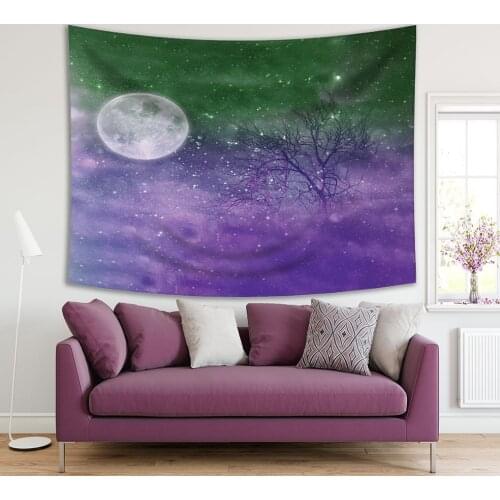 Tapestry Tree with Bare Branches and Night Sky Full Moon Stars Surreal Fantasy Artwork Printed Blue purple White