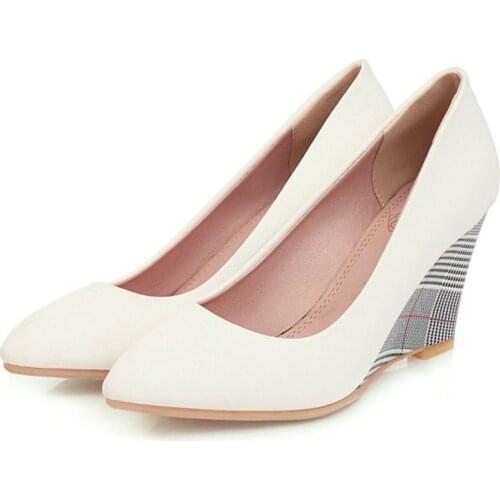 ZawsThia Pink Large Sizes 34-43 Wedges High Heels Party Wedding Pumps Shoes Slip-on Women Shoes Plaid Wedges Office Woman Pumps