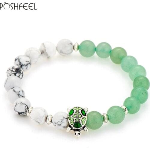 Poshfeel Summer 8Mm Green & White Stone Beaded Bracelets For Women And Men Jewelry Turtle Charm Bracelets & Bangles Mbr170248